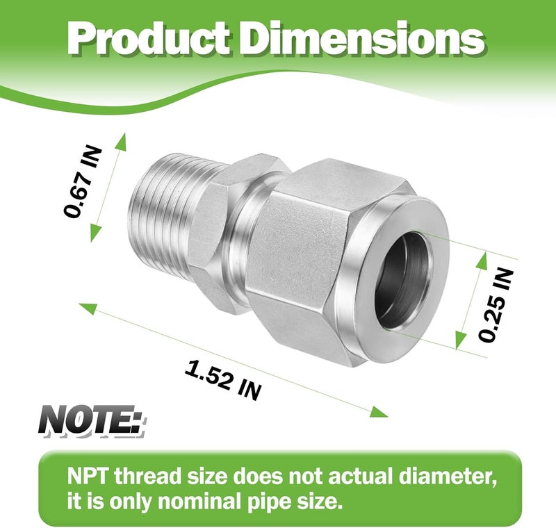 Goldpea 2PCS 304 Stainless Steel Compression Tube Fitting, 1/4" OD x 3/8" NPT Male Straight Adapter with Double Ferrules - Image 4